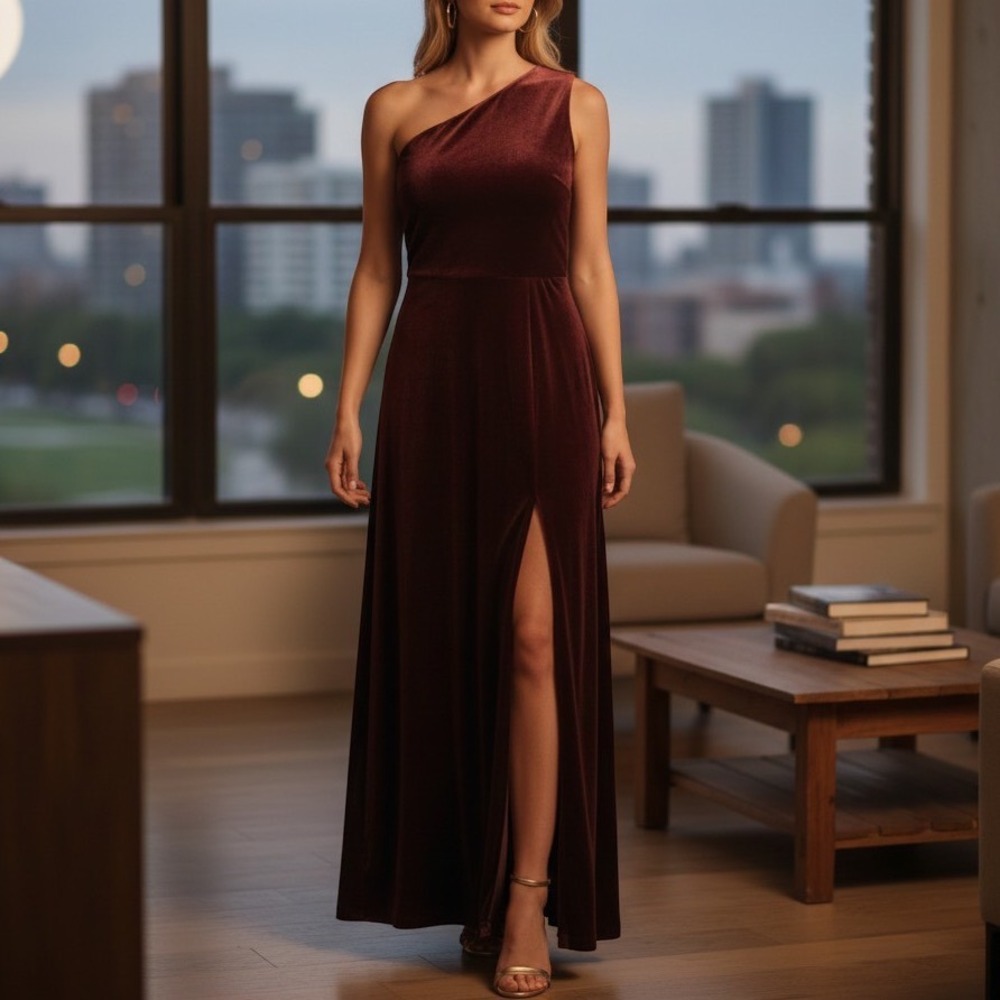 Baltic Born One Shoulder Velvet Maxi Dress Mahogany Brown Formal Gown Large